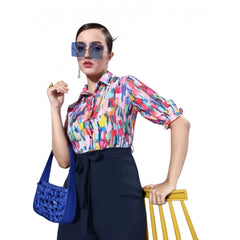 Generic Women's Polyester Printed 3/4th Sleeve Jumpsuit (Multicolor - Navy)