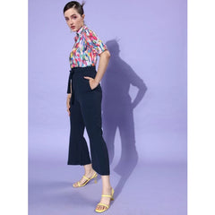 Generic Women's Polyester Printed 3/4th Sleeve Jumpsuit (Multicolor - Navy)