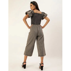 Generic Women's Denim Solid Balloon Sleeve Jumpsuit (Black)