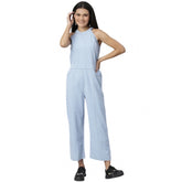 Generic Women's Denim Self Design Sleeveless Jumpsuit (Blue)