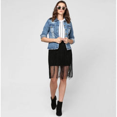 Generic Women's Denim Distressed Long Sleeve Jacket (Blue)