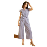 Generic Women's Cotton Chambray Striped Short Sleeve Jumpsuit (Blue)