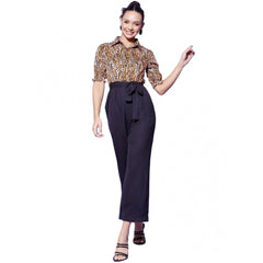 Generic Women's Polyester Animal Print Half Sleeve Jumpsuit (Orange - Black)
