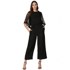 Generic Women's Polyester Solid Half Sleeve Jumpsuit (Black)