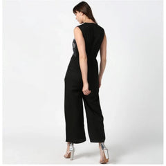 Generic Women's Polyester Embroidered Sleeveless Jumpsuit (Black)