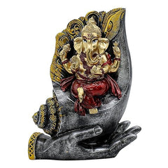 Lord Ganesha Statue on Palm Hand Gold and Red, 8.5 x 7 inch Handmade Hindu Idol, Spiritual Home Decor, Pooja Room Figurine