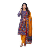 Generic Women's Cotton Blend Printed Kurti With Pant Dupatta Set (Navy Blue)
