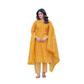 Generic Women's Cotton Blend Printed Kurti With Pant Dupatta Set (Yellow)