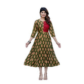 Generic Women's Rayon Print With Embroidery Work A-Line Kurti (Dark Green)