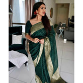 Generic Women's Litchi silk Printed Saree With Unstitched Blouse (Green)