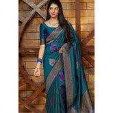 Generic Women's Litchi silk Printed Saree With Unstitched Blouse (Rama Blue)