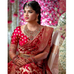 Generic Women's Litchi silk Printed Saree With Unstitched Blouse (Red)