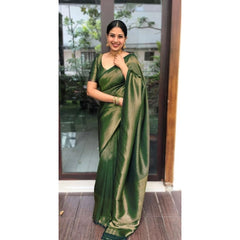 Generic Women's Litchi silk Printed Saree With Unstitched Blouse (Green)