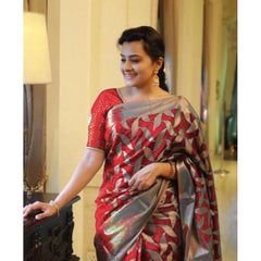 Generic Women's Litchi silk Printed Saree With Unstitched Blouse (Red)