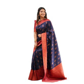 Generic Women's Litchi silk Printed Saree With Unstitched Blouse (Blue)