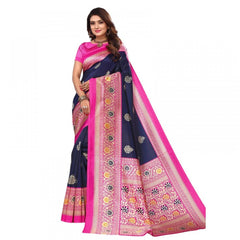 Generic Women's Litchi silk Printed Saree With Unstitched Blouse 5-6 Mtrs (Navy Blue)