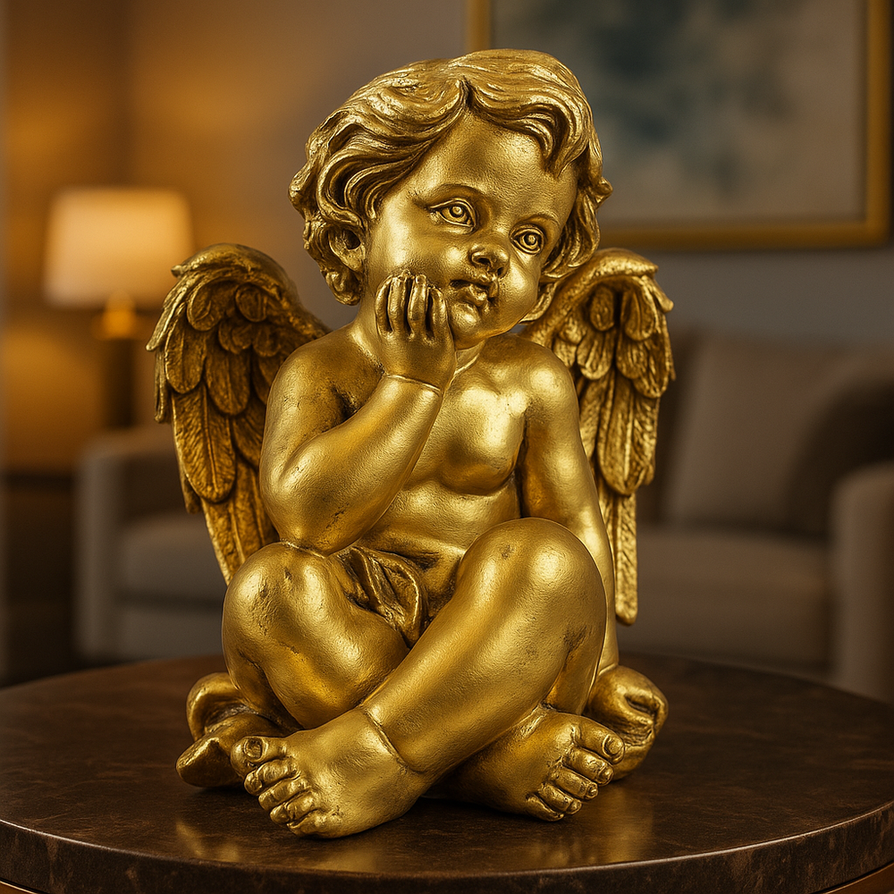 Gold angel statue on a table with a blurred indoor background