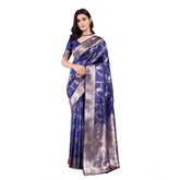Generic Women's Banarasi Silk Printed Saree With Unstitched Blouse 5.5Mtr (Blue)