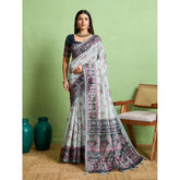 Generic Women's Silk Blend Printed Saree With Unstitched Blouse 5.5Mtr (Grey)
