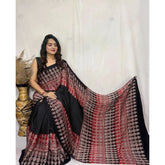 Generic Women's Satin Printed Saree With Unstitched Blouse 5.5Mtr (Black)
