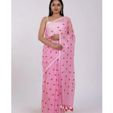 Generic Women's Linen Printed Saree With Unstitched Blouse 5.5Mtr (Pink)