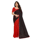 Generic Women's Georgette Printed Saree With Unstitched Blouse 5.5Mtr (Black-Red)