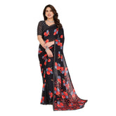 Generic Women's Georgette Printed Saree With Unstitched Blouse 5.5Mtr (Black)