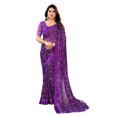 Generic Women's Georgette Printed Saree With Unstitched Blouse 5.5Mtr (Purple)