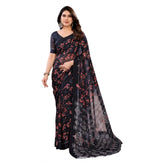 Generic Women's Georgette Printed Saree With Unstitched Blouse 5.5Mtr (Navy Blue)