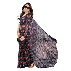 Generic Women's Georgette Printed Saree With Unstitched Blouse 5.5Mtr (Navy Blue)