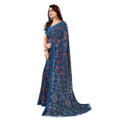 Generic Women's Georgette Printed Saree With Unstitched Blouse 5.5Mtr (Blue)