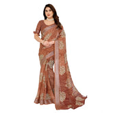 Generic Women's Georgette Printed Saree With Unstitched Blouse 5.5Mtr (Brown)