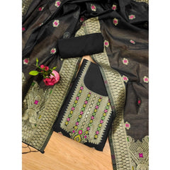 Generic Women's Banarasi Silk Printed Unstitched Salwar Suit Material With Dupatta (Black, 3Mtrs)