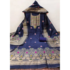 Generic Women's Banarasi Silk Printed Unstitched Salwar Suit Material With Dupatta (Navy Blue, 3Mtrs)