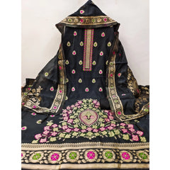 Generic Women's Banarasi Silk Printed Unstitched Salwar Suit Material With Dupatta (Black, 3Mtrs)