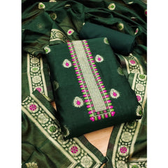 Generic Women's Banarasi Silk Printed Unstitched Salwar Suit Material With Dupatta (Bottle Green, 3Mtrs)