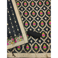 Generic Women's Banarasi Silk Printed Unstitched Salwar Suit Material With Dupatta (Black, 3Mtrs)