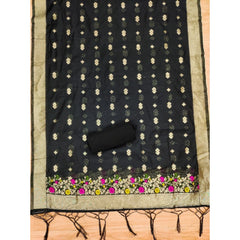 Generic Women's Banarasi Silk Printed Unstitched Salwar Suit Material With Dupatta (Black, 3Mtrs)