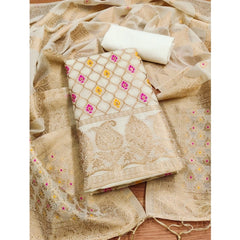 Generic Women's Banarasi Silk Printed Unstitched Salwar Suit Material With Dupatta (White, 3Mtrs)