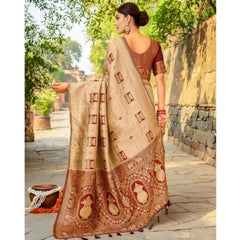 Generic Women's Silk Blend Woven Zari Work Saree With Unstitched Blouse 5.5Mtr (Beige)