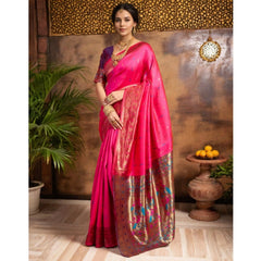 Generic Women's Silk Blend Zari Woven Saree With Unstitched Blouse 5.5Mtr (Pink)