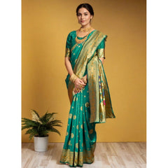 Generic Women's Silk Blend Paithani Saree With Unstitched Blouse 5.5Mtr (Green)