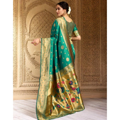 Generic Women's Silk Blend Paithani Saree With Unstitched Blouse 5.5Mtr (Green)