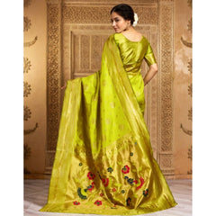 Generic Women's Silk Blend Paithani Saree With Unstitched Blouse 5.5Mtr (Lime Green)
