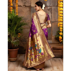 Generic Women's Silk Blend Paithani Saree With Unstitched Blouse 5.5Mtr (Purple)