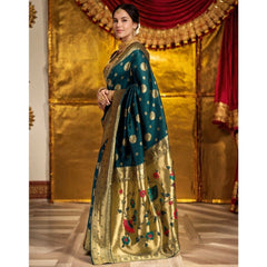 Generic Women's Silk Blend Paithani Saree With Unstitched Blouse 5.5Mtr (Teal)
