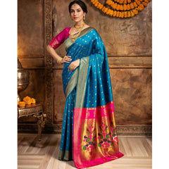 Generic Women's Silk Blend Zari Woven Saree With Unstitched Blouse 5.5Mtr (Aqua)