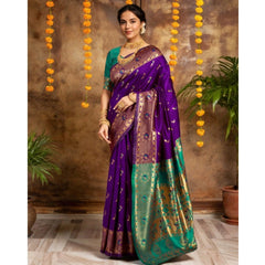 Generic Women's Silk Blend Zari Weaving Saree With Unstitched Blouse 5.5Mtr (Purple)