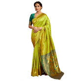 Generic Women's Silk Blend Zari Weaving Saree With Unstitched Blouse 5.5Mtr (Lime-Green)