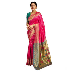 Generic Women's Silk Blend Zari Weaving Saree With Unstitched Blouse 5.5Mtr (Pink)